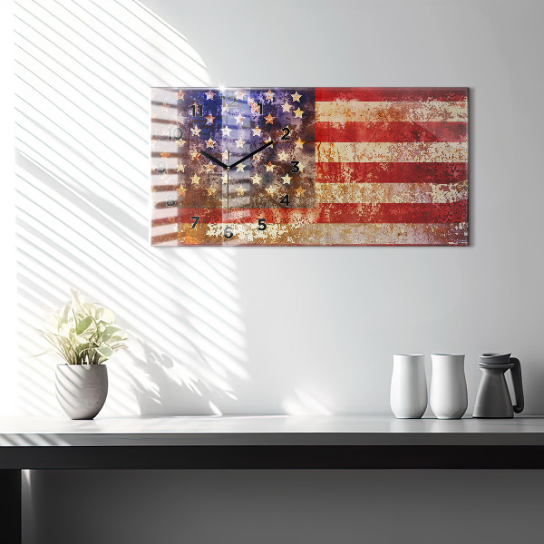 Horizontální skleněné hodiny na stěnu Vlajka USA ve vintage stylu
