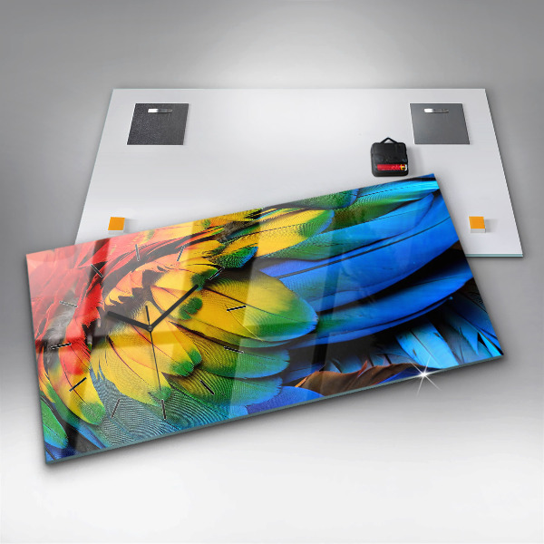 Horizontální skleněné hodiny na stěnu Pták Ara Barevná křídla