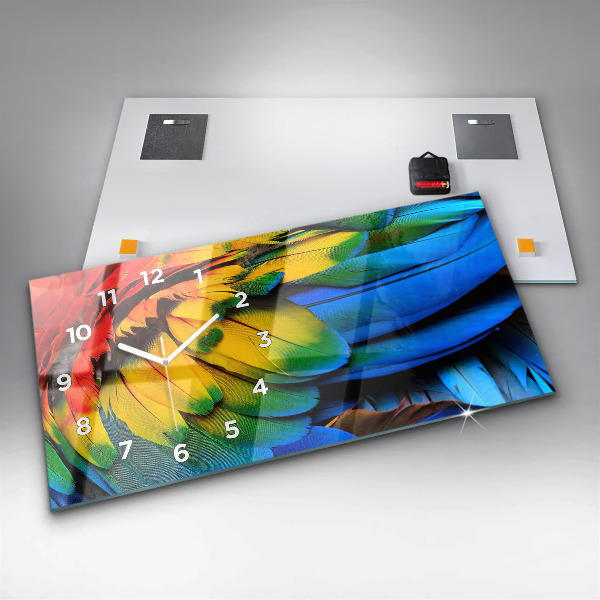 Horizontální skleněné hodiny na stěnu Pták Ara Barevná křídla