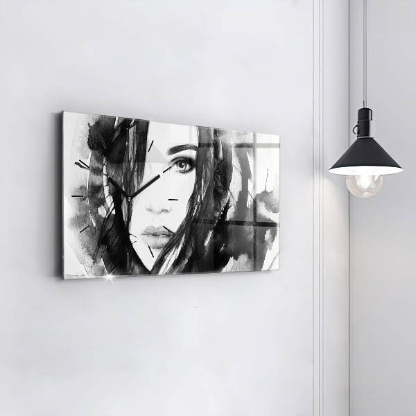 Horizontální skleněné hodiny na stěnu Portrét ženy akvarel