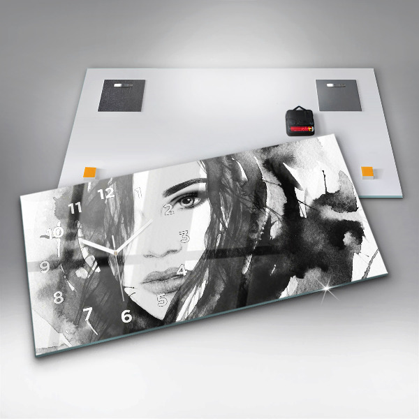 Horizontální skleněné hodiny na stěnu Portrét ženy akvarel