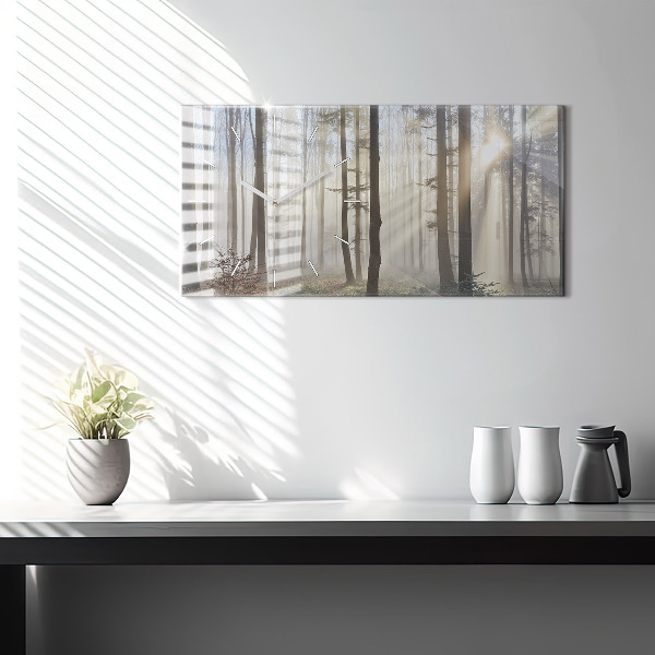 Horizontální skleněné hodiny na stěnu Les v mlze