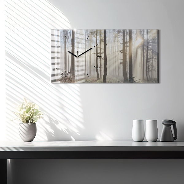 Horizontální skleněné hodiny na stěnu Les v mlze