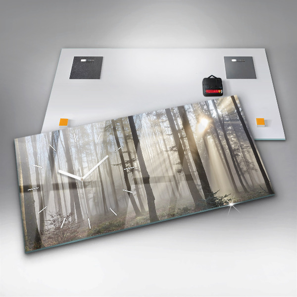 Horizontální skleněné hodiny na stěnu Les v mlze