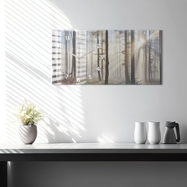 Horizontální skleněné hodiny na stěnu Les v mlze