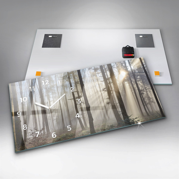 Horizontální skleněné hodiny na stěnu Les v mlze