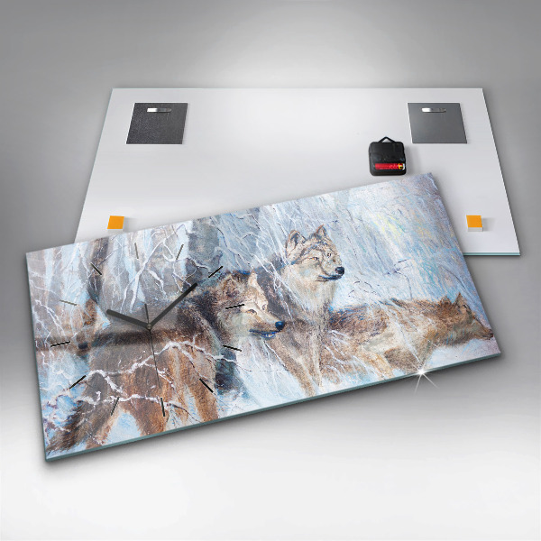 Horizontální skleněné hodiny na stěnu Vlci v lese