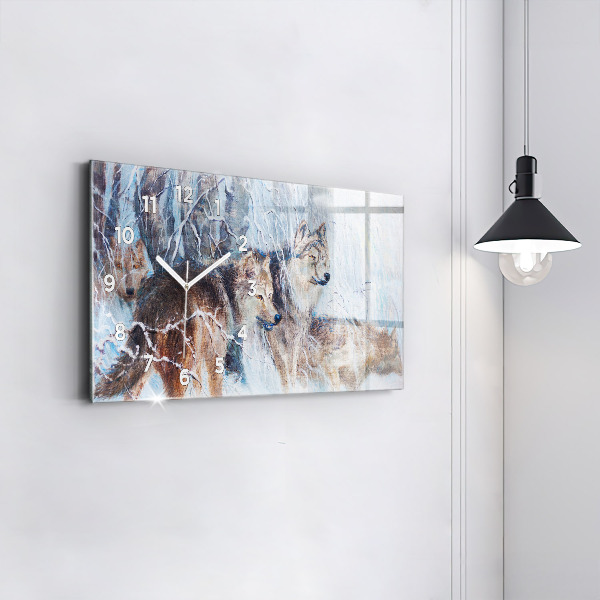 Horizontální skleněné hodiny na stěnu Vlci v lese