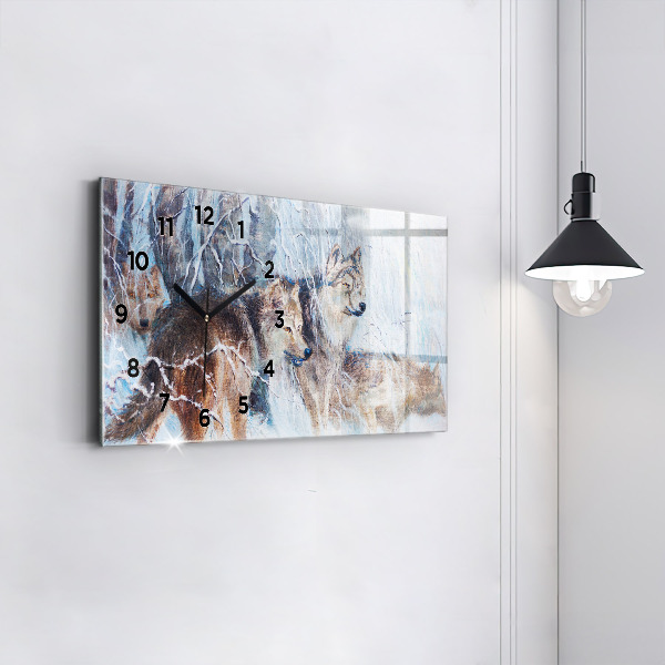 Horizontální skleněné hodiny na stěnu Vlci v lese