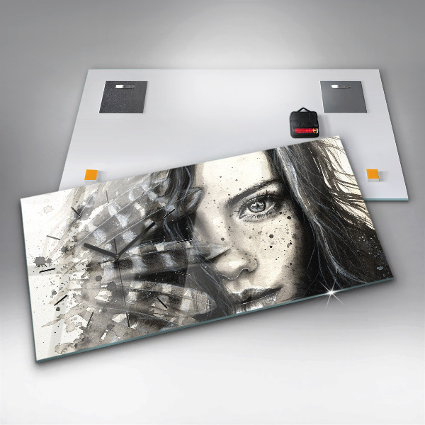 Horizontální skleněné hodiny na stěnu Malovaný portrét