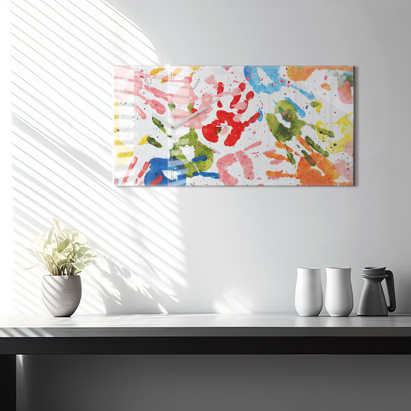 Horizontální skleněné hodiny na stěnu Otisky rukou dětí