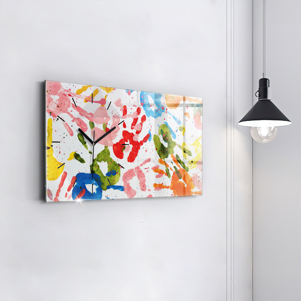 Horizontální skleněné hodiny na stěnu Otisky rukou dětí