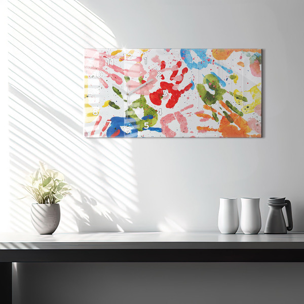 Horizontální skleněné hodiny na stěnu Otisky rukou dětí