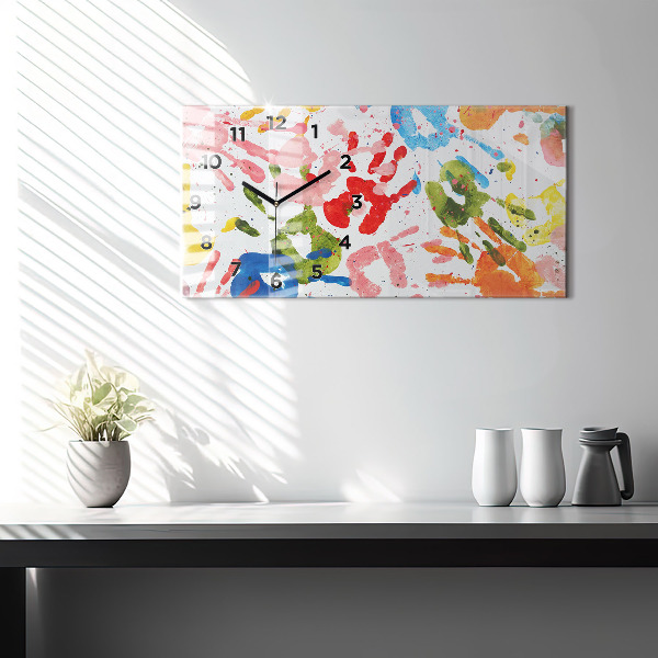 Horizontální skleněné hodiny na stěnu Otisky rukou dětí