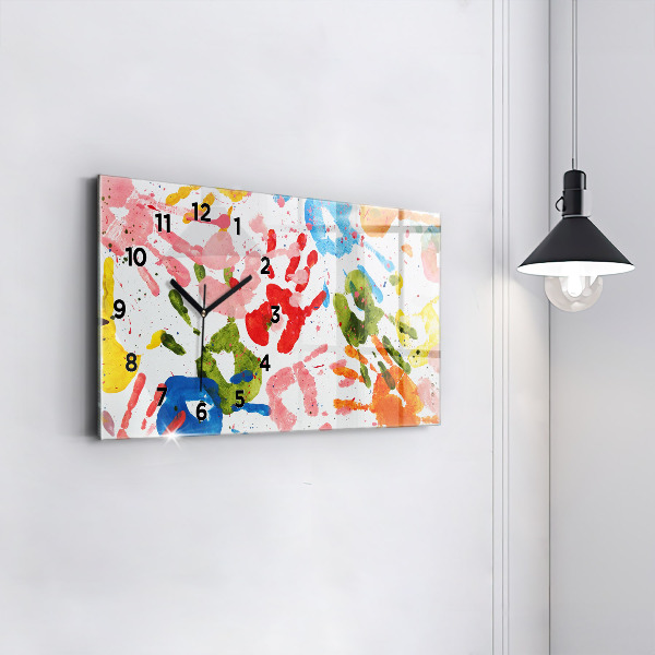 Horizontální skleněné hodiny na stěnu Otisky rukou dětí