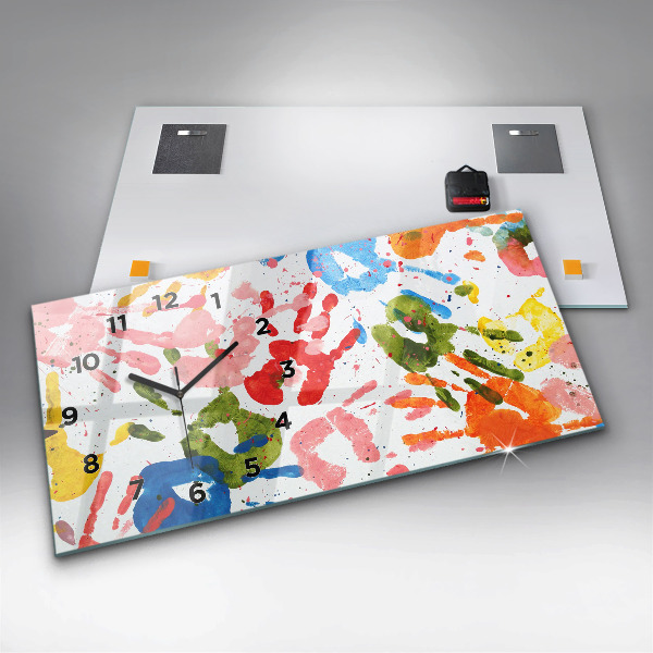 Horizontální skleněné hodiny na stěnu Otisky rukou dětí