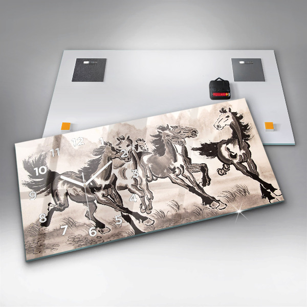 Horizontální skleněné hodiny na stěnu Cválající koně