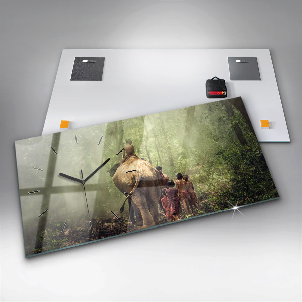 Horizontální skleněné hodiny na stěnu Děti vedoucí slona