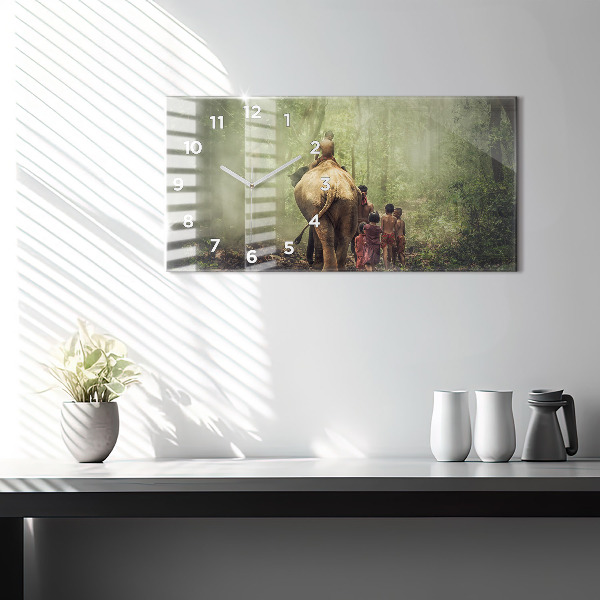 Horizontální skleněné hodiny na stěnu Děti vedoucí slona