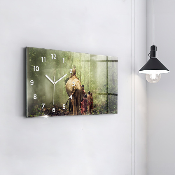 Horizontální skleněné hodiny na stěnu Děti vedoucí slona