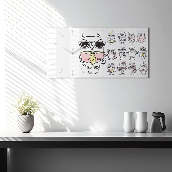 Horizontální skleněné hodiny na stěnu Vintage plakát se sovami