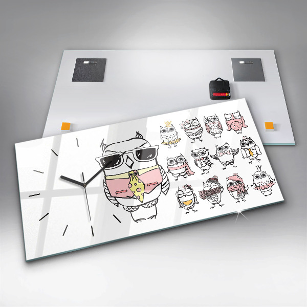 Horizontální skleněné hodiny na stěnu Vintage plakát se sovami