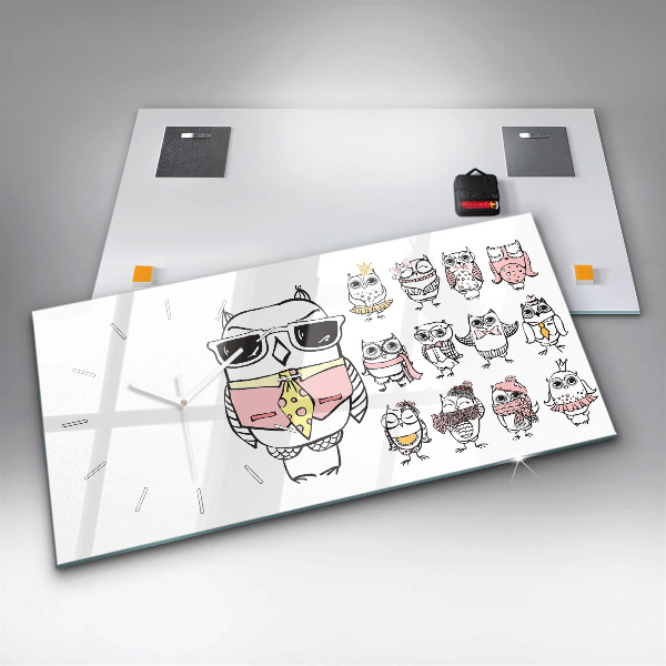 Horizontální skleněné hodiny na stěnu Vintage plakát se sovami