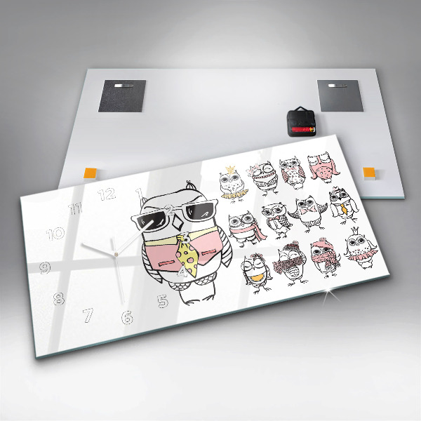 Horizontální skleněné hodiny na stěnu Vintage plakát se sovami