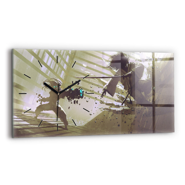 Horizontální skleněné hodiny na stěnu Boj mezi robotem a samurajem
