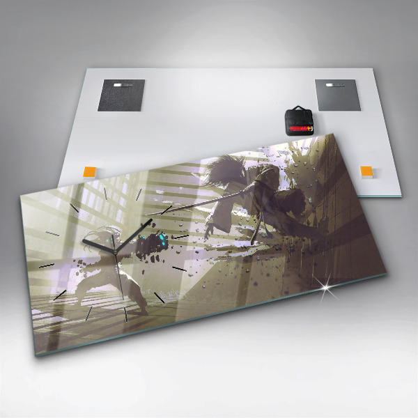 Horizontální skleněné hodiny na stěnu Boj mezi robotem a samurajem