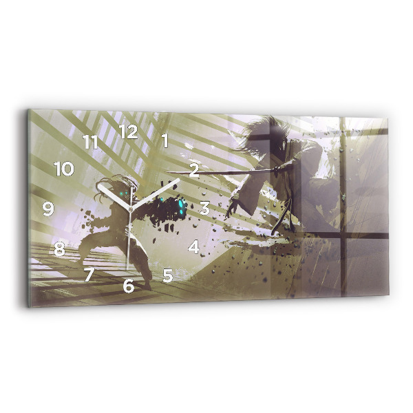 Horizontální skleněné hodiny na stěnu Boj mezi robotem a samurajem