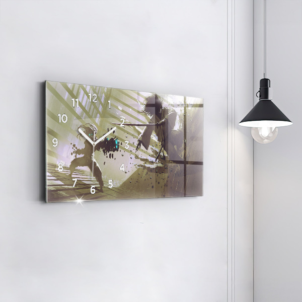 Horizontální skleněné hodiny na stěnu Boj mezi robotem a samurajem