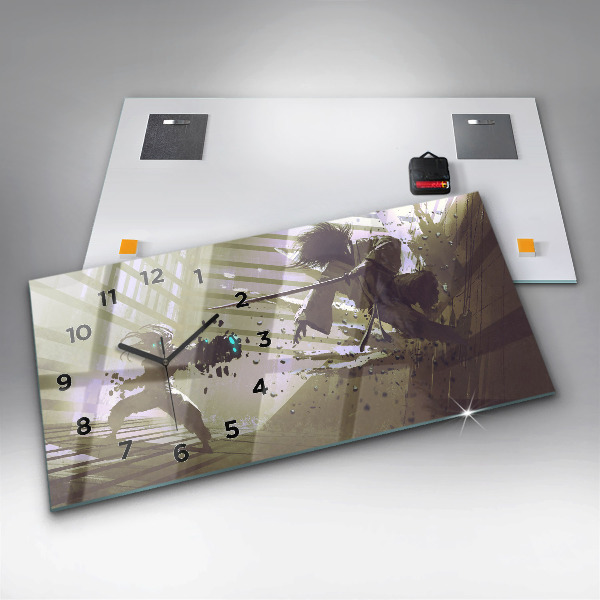 Horizontální skleněné hodiny na stěnu Boj mezi robotem a samurajem