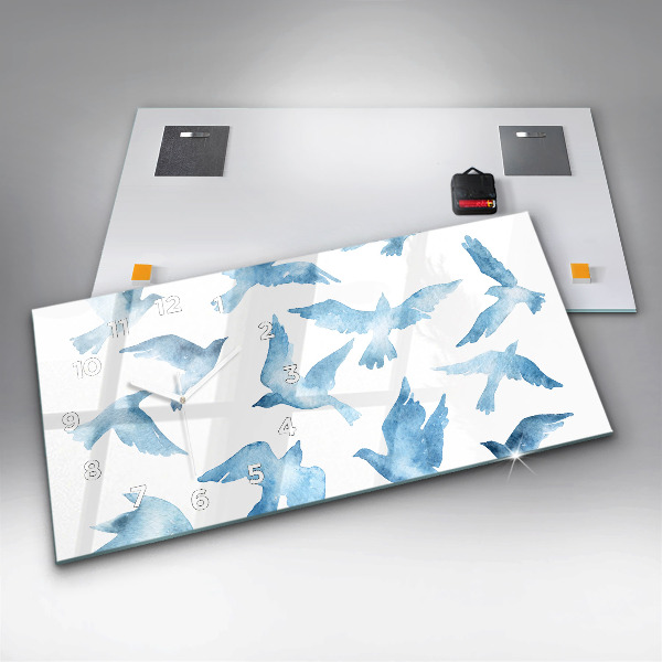 Horizontální skleněné hodiny na stěnu Létající modří ptáci