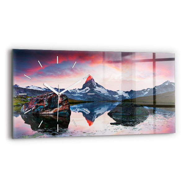 Horizontální skleněné hodiny na stěnu Jezero Stellisee Matterhorn
