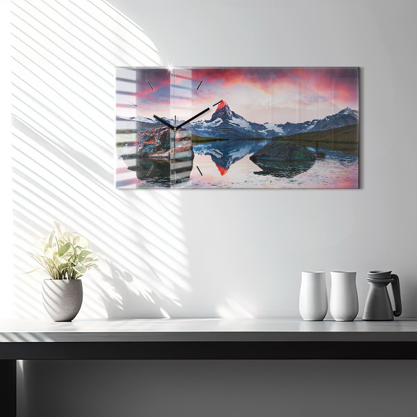 Horizontální skleněné hodiny na stěnu Jezero Stellisee Matterhorn