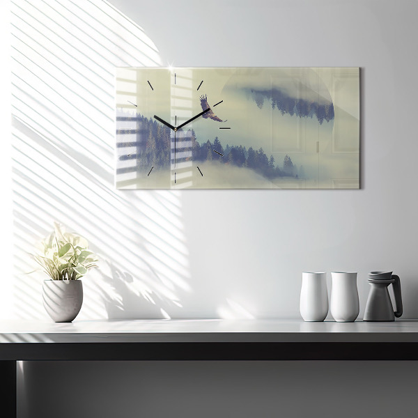 Horizontální skleněné hodiny na stěnu Mlžný les Orel