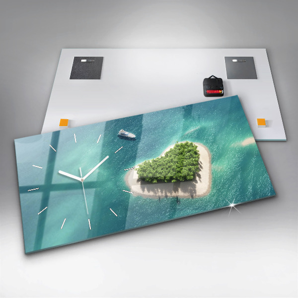 Horizontální skleněné hodiny na stěnu Srdcový ostrov