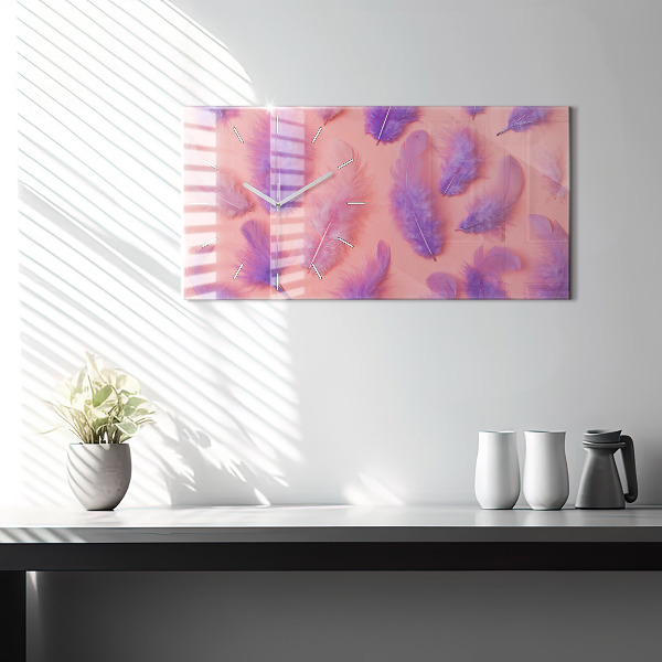 Horizontální skleněné hodiny na stěnu Barevné peří