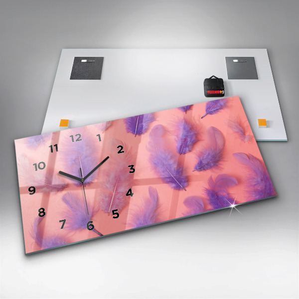 Horizontální skleněné hodiny na stěnu Barevné peří