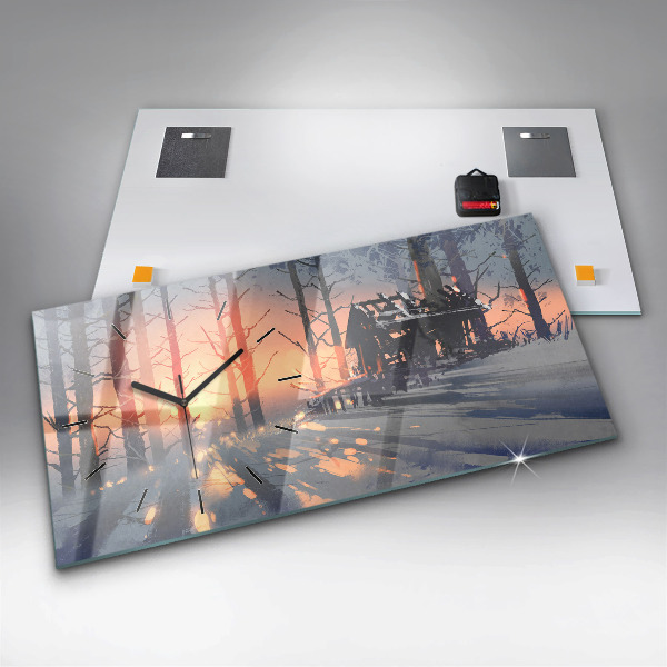 Horizontální skleněné hodiny na stěnu Zimní krajina stromů