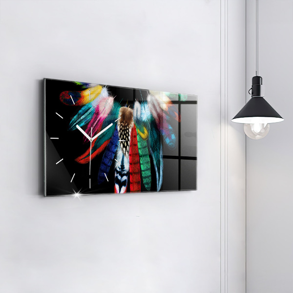 Horizontální skleněné hodiny na stěnu Barevné ptačí peří