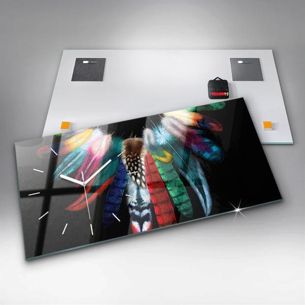 Horizontální skleněné hodiny na stěnu Barevné ptačí peří