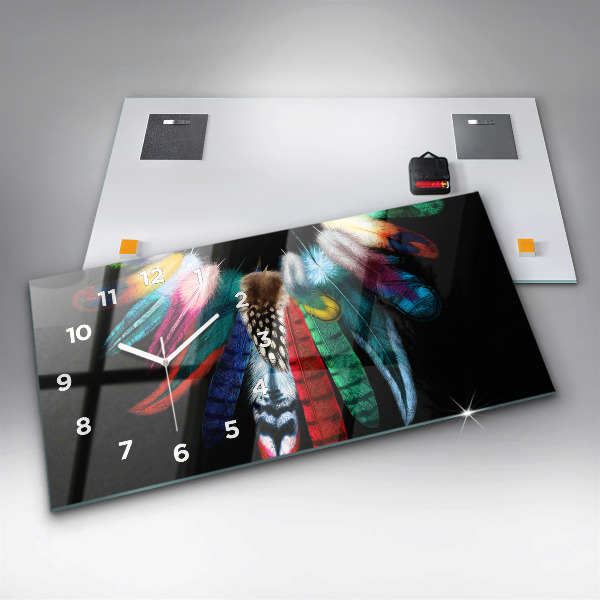 Horizontální skleněné hodiny na stěnu Barevné ptačí peří