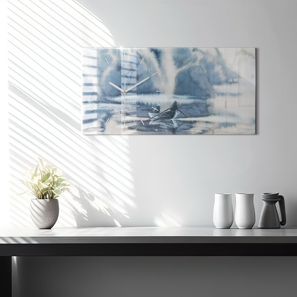 Horizontální skleněné hodiny na stěnu Rybář na jezeře