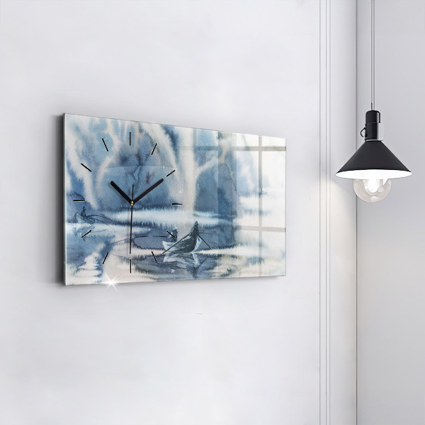 Horizontální skleněné hodiny na stěnu Rybář na jezeře