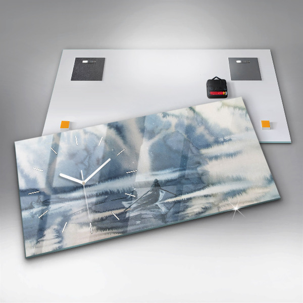 Horizontální skleněné hodiny na stěnu Rybář na jezeře