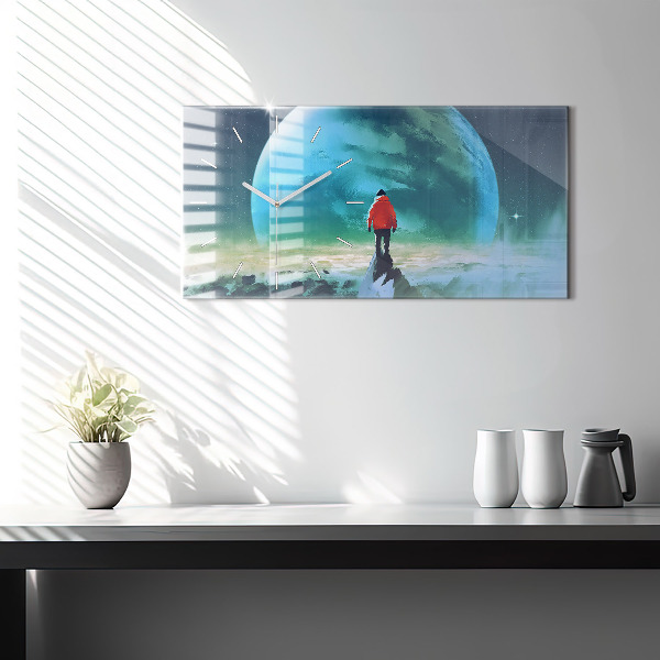 Horizontální skleněné hodiny na stěnu Muž na Měsíci