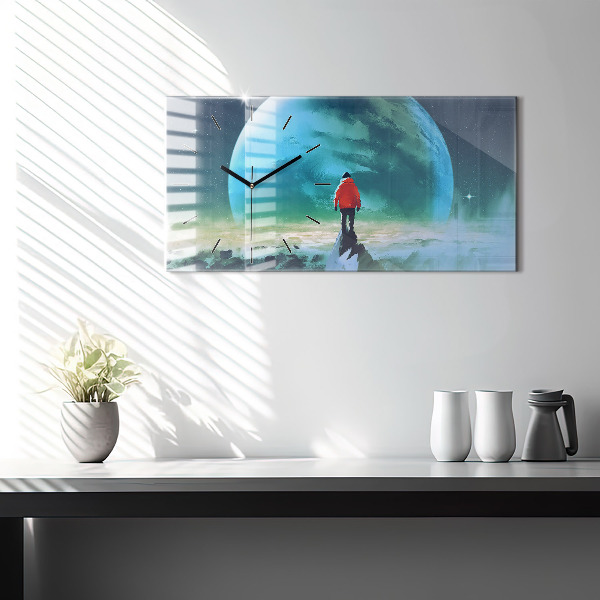 Horizontální skleněné hodiny na stěnu Muž na Měsíci