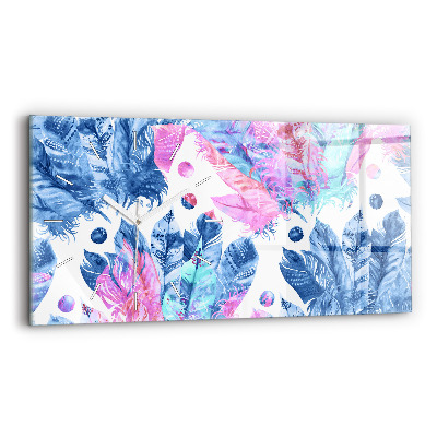 Horizontální skleněné hodiny na stěnu Barevné peří